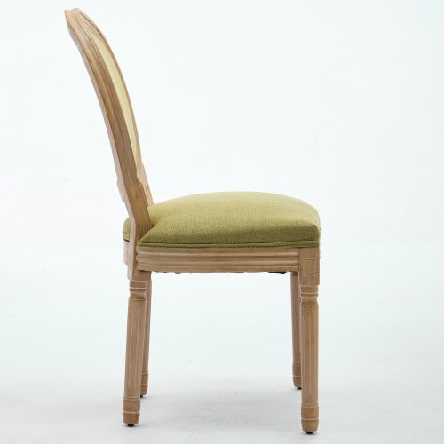 Set of 2 Olive Green French Carved Solid Wood Linen Dining Chairs, Antique Painted Frame 300 LBS Load