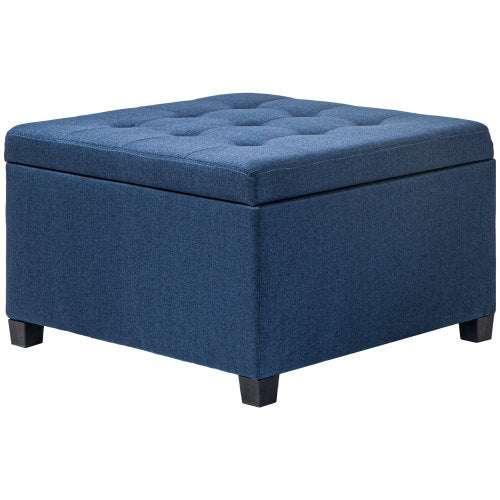 Blue Button Tufted Storage Ottoman with Flip Top, Eucalyptus Wood Frame Square Foot Stool with Safety Metal Hinge