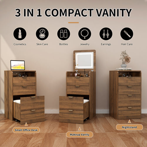 Walnut 3?in?1 Flip?Top Vanity Desk with Rolling Stool, LED Lights & Fluted Drawer