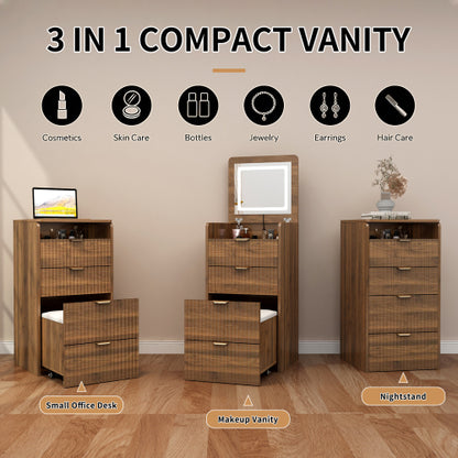 Walnut 3?in?1 Flip?Top Vanity Desk with Rolling Stool, LED Lights & Fluted Drawer