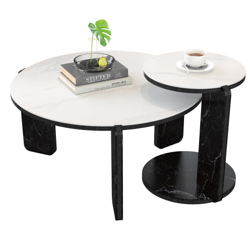 Set of 2 Round Nesting Coffee Tables, White Sintered Stone Top & MDF Frame, 32.68inch +16.93inch  for Small Spaces