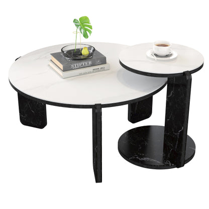 Set of 2 Round Nesting Coffee Tables, White Sintered Stone Top & MDF Frame, 32.68inch +16.93inch  for Small Spaces