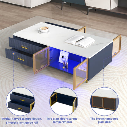 Modern Blue Coffee Table with Glass Doors Drawers LED Lighting Gold Legs