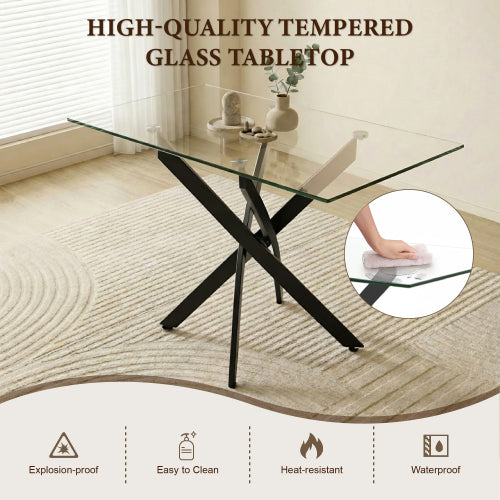 47-Inch Glass Dining Table with Black Legs for Modern Home