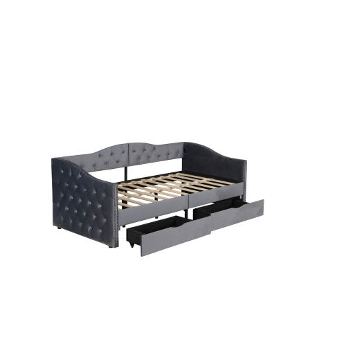 Upholstered Daybed with Storage Drawers, Wood Daybed Twin Size, with USB ports & 2 storage drawers, No Box Spring Needed, Grey