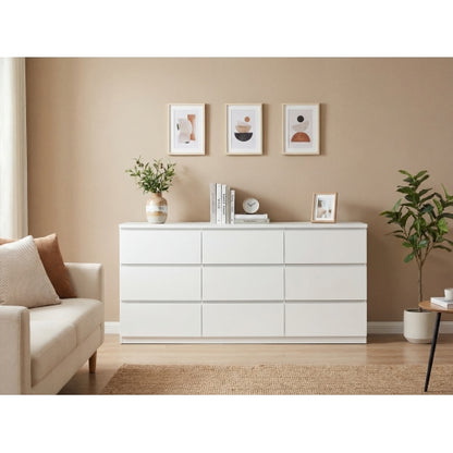 9 Drawer Dresser with No Handle Design, Modern White Matte Wood Dresser for Bedroom, Storage Chest of Drawers for Living Room, Hallway, Entryway