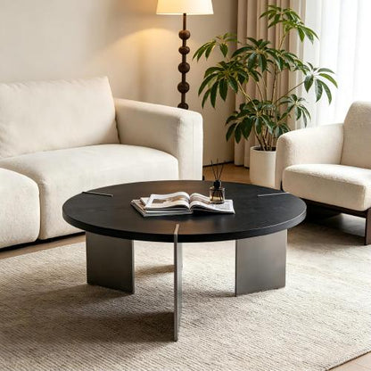 Round Coffee Table, Black Oak Top & Metal Feet
