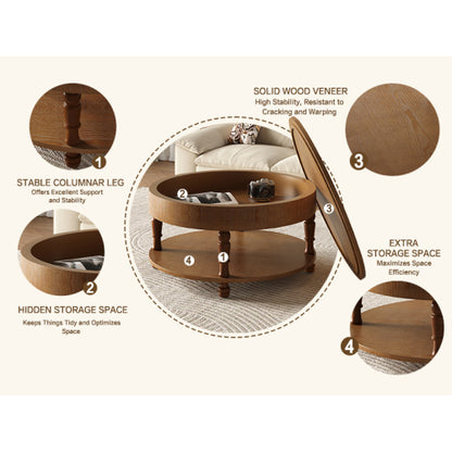 31.5inch  Round Flip-Top Coffee Table with Dual Storage, Walnut