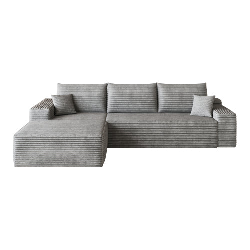 107 inch  Grey Plush Corduroy L-Shape Cloud Modular Sectional Sofa, No Assembly