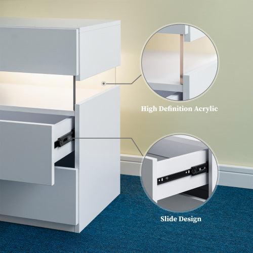 LED Nightstands 3 Drawer Dresser for Bedroom End Table with Acrylic Board LED Bedside Tables for Bedroom Living Room Bedside Furniture (White)
