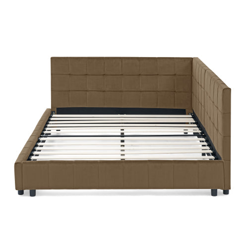 Full Size Upholstered Tufted  Bed Frame, Sofa Bed Frame with Comfortable Backrest and Armrests, Full Size Bed for Bedroom, Living Room,Velvet, BROWN(80.5inch *59inch *30.5inch )