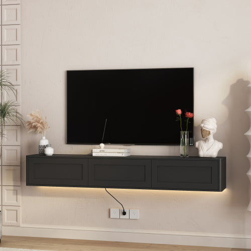 Black Floating Wall Mount High Gloss TV Stand with 16 Color LED Lights & Integrated Power Outlet