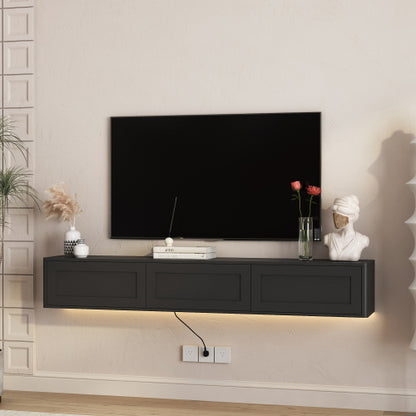 Black Floating Wall Mount High Gloss TV Stand with 16 Color LED Lights & Integrated Power Outlet