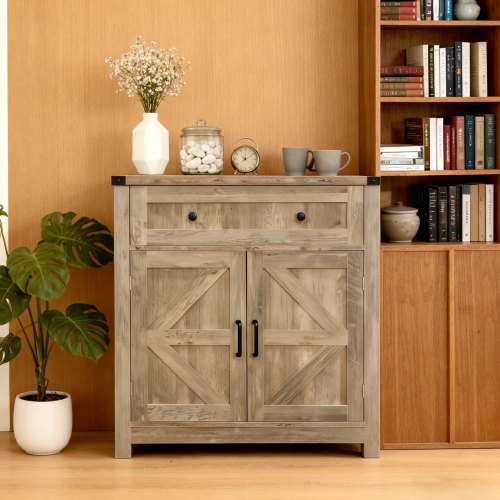 Light Gray-Washed Wood Farmhouse Barn-Door Storage Cabinet, Coffee Bar Buffet Sideboard with Drawer for Kitchen & Living Room