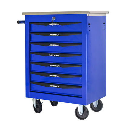 7 Drawers Multifunctional Tool Cart with Wheels Metal Rolling Tool Cart Storage with Stainless Steel Roof Black Blue