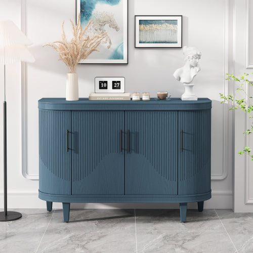 Blue Curved Sideboard 47 Inch Wood Console Cabinet 4 Doors Adjustable Shelves Ash Veneer