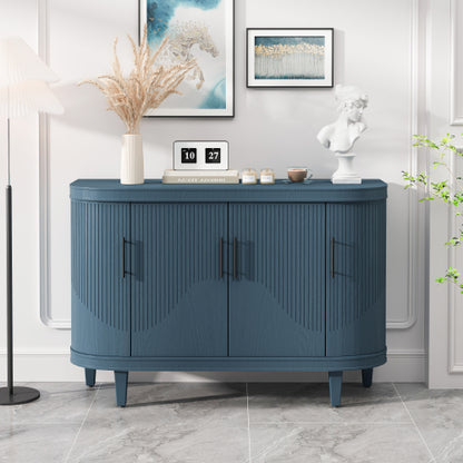 Blue Curved Sideboard 47 Inch Wood Console Cabinet 4 Doors Adjustable Shelves Ash Veneer