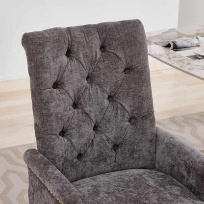 Tufted Chenille Dining Armchair with Nailhead Trim and Steel Legs, Gray