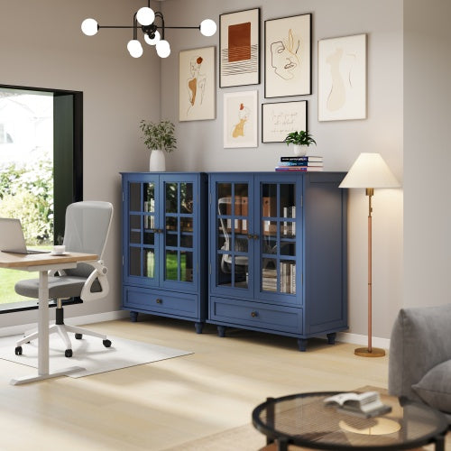 Vintage Blue Buffet Cabinet with Glass Doors Drawer and Adjustable Shelves