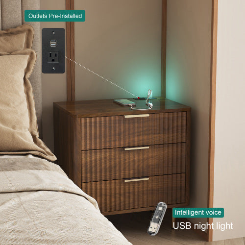 Wood Smart Nightstand, Voice Control Night Light & Charging Station with Storage Shelves