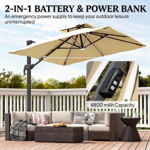 Outdoor Umbrellas,Offset Hanging Umbrella,Solar LED Cantilever Umbrella,with 360°Rotation,Cross Base,Ribs,Tilt and Crank