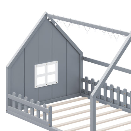 Full Size Wood House Bed with Window and Fence, Gray
