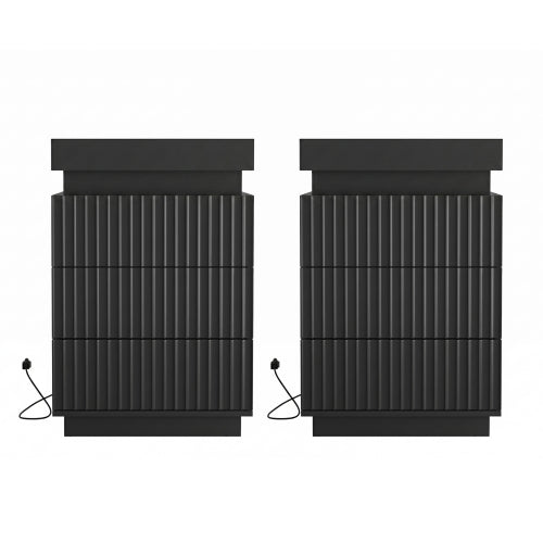 2 Pack Black Nightstand, Sliding Top Charging Station & RGB LED Fluted Drawers