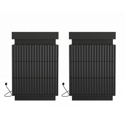 2 Pack Black Nightstand, Sliding Top Charging Station & RGB LED Fluted Drawers