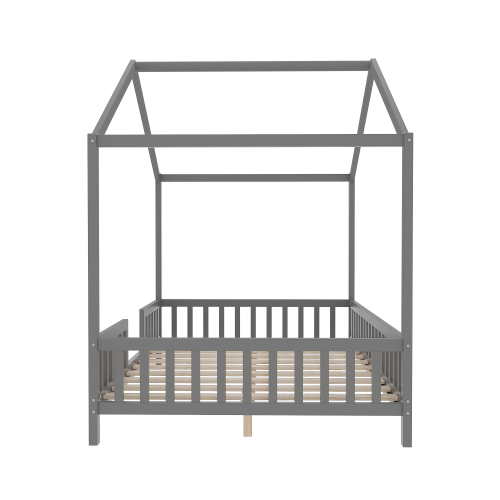 Montessori Floor Bed with Canopy, Full Bed Frame for Kids, House Shape Toddler Bed Frame with High Railings, Wood Kids Bed with Roof, Kid Full Bed, Grey