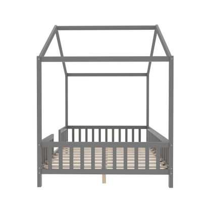 Montessori Floor Bed with Canopy, Full Bed Frame for Kids, House Shape Toddler Bed Frame with High Railings, Wood Kids Bed with Roof, Kid Full Bed, Grey
