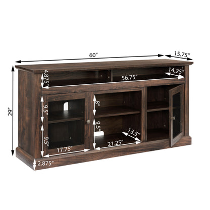 60 Inch Brown Farmhouse Glass Door TV Stand MDF Media Console with 5 Cable Holes Fits TVs Up To 65 Inch
