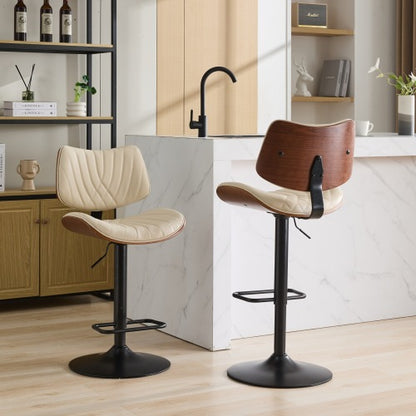 Walnut Bentwood Bar Stools Mid Century Modern Adjustable Counter Height Black Leather Upholstered 360¡ãSwivel Bar Chairs for Kitchen Island/Dining Room/Cafe,Beige,Set of 2