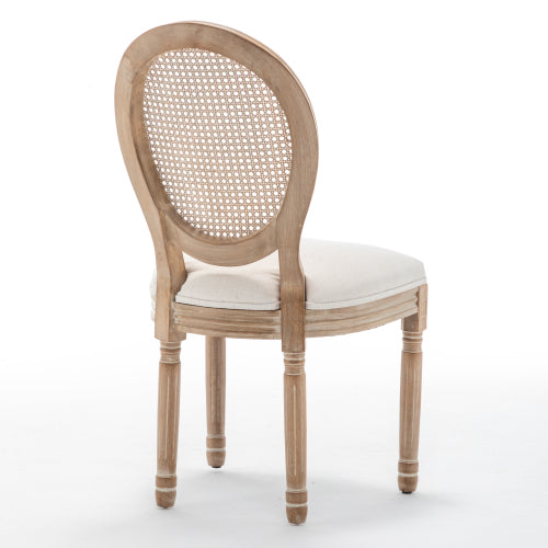 Rattan Back Wood Dining Chairs with Linen Seats, Set of 2, Beige