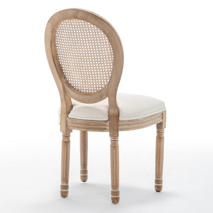 Rattan Back Wood Dining Chairs with Linen Seats, Set of 2, Beige