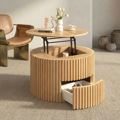 Round Lift Top Coffee Table Storage Fluted Wood MDF Solid Wood Living Room Table