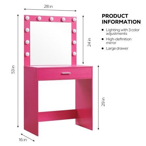 Pink Vanity Desk with Mirror and Lights, 11 LED Bulbs, Large Drawer, 3 Lighting Modes, Bedroom