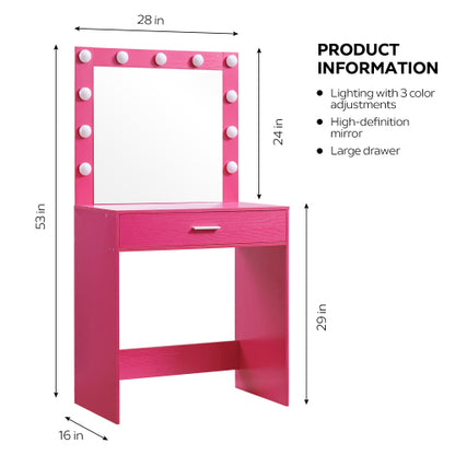 Pink Vanity Desk with Mirror and Lights, 11 LED Bulbs, Large Drawer, 3 Lighting Modes, Bedroom