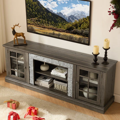 70 Inch Grey Faux Stone TV Stand 2-Door Media Console 6 Cable Holes Adjustable Shelves for TVs Up To 75 Inch