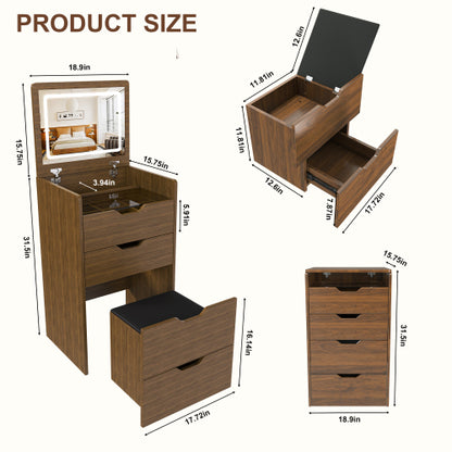 Walnut 3-in-1 Vanity Desk with Lighted Mirror & Stool, Flip Top Makeup Table, Compact Storage for Bedroom
