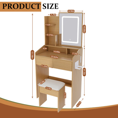 Vanity Table with LED-Illuminated Mirror, Power Outlet, Hairdryer Holder & Stool ¨C Compact Dressing Desk for Small Bedrooms(Wood)