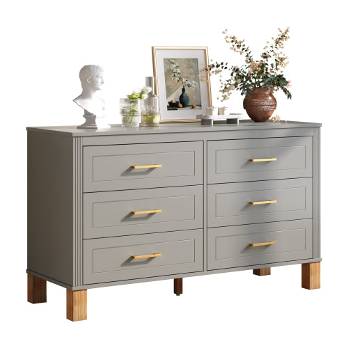 Gray 6 Drawer Double Dresser Modern Storage Cabinet with Metal Handles Solid Wood Legs