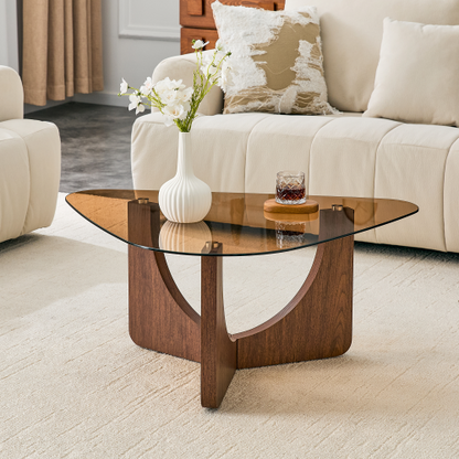 Triangular Tea-Colored Tempered Glass Coffee Table, Walnut MDF Legs