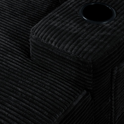 Black Convertible Corduroy Boneless Chaise Lounge Sleeper Sofa-Bed Wide Armrest Cup-Holder & Throw Pillows No-Assembly