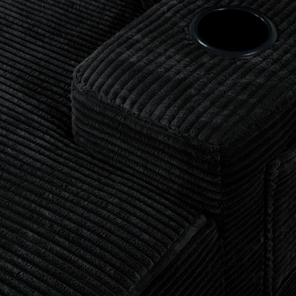 Black Convertible Corduroy Boneless Chaise Lounge Sleeper Sofa-Bed Wide Armrest Cup-Holder & Throw Pillows No-Assembly