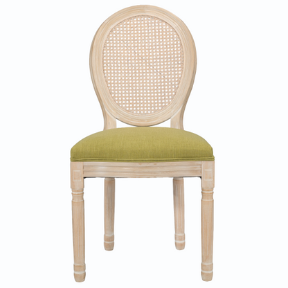 Set of 2 Green French Country Rattan Round Back Dining Chairs, Full Solid Wood Frame Disassemblable Side Chairs