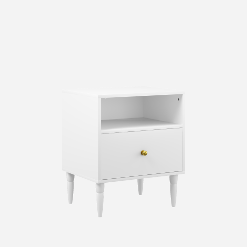 Modern White Nightstand with Drawer and Open Shelf, Bedside Table with Gold Knob, Solid Wood Legs, Small End Table for Bedroom, Living Room