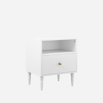Modern White Nightstand with Drawer and Open Shelf, Bedside Table with Gold Knob, Solid Wood Legs, Small End Table for Bedroom, Living Room