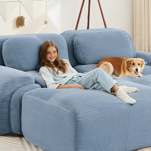 82 inch  Blue Modular L-Shaped Corduroy Sofa, Curved Armrest, No Assembly