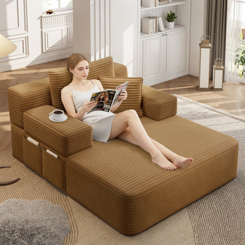 Camel Oversized Plush Corduroy Frameless Convertible Chaise Sofa Bed w/Storage Pockets & 3 Pillows