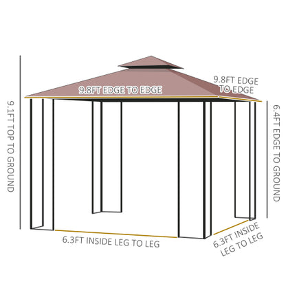 10' x 10' Metal Patio Gazebo, Double Roof Outdoor Gazebo Canopy Shelter with Tree Motifs Corner Frame and Netting, for Garden, Lawn, Backyard, and Deck, Brown